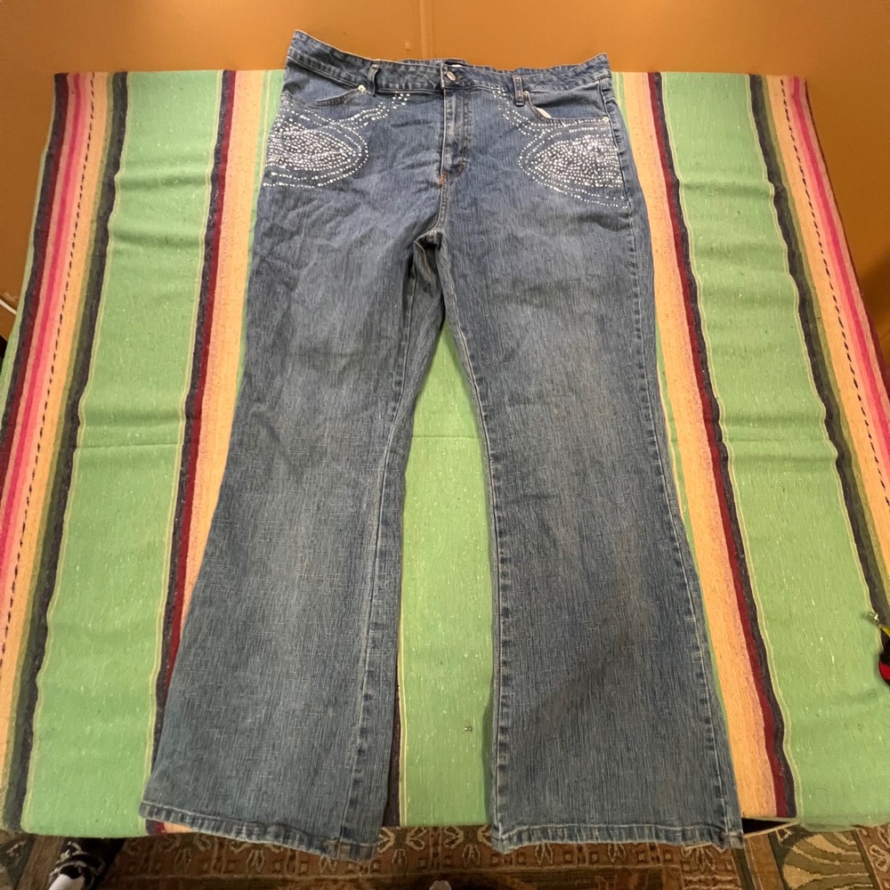 Zoey Beth Flare Jeans Womens 3X Blue Rhinestone Embellished Stretch Y2K Denim